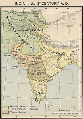 A map of India in the 2nd century AD showing the extent of the Kushan Empire (in green) during the reign of Kanishka. Most historians consider the empire to have variously extended as far east as the middle Ganges plain,[2] to Varanasi in the eastern Gangetic plain,[3][4] or probably even Pataliputra.[5][6]