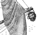 Image 80Blackbeard's severed head hanging from Maynard's bowsprit; illustration from The Pirates Own Book (1837) (from Piracy)