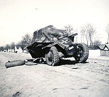 A 39M Csaba damaged by a landmine and with the turret covered in Serbia, 1941, during the Invasion of Yugoslavia