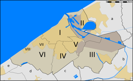 Oostende; deelgemeenten/wijken en buurgemeenten. De gele gebieden zijn bebouwde kernen