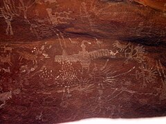 Diversos animales pintados en Cerro Colorado (datación imprecisa), paleolítico americano.[11]​