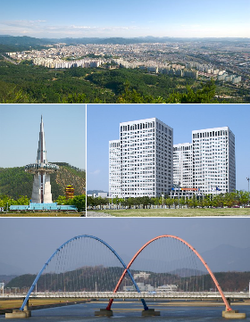 Atas:Pemandangan dari Taman Pameran Gwahakgongwon Park dan daerah pusat kota Dunsandong, Tengah Kiri: Menara Hanbit di Taman Pameran Sains Daejeon, Tengah Kanan:Kompleks Pemerintahan Kota Daejeon di Seo-gu, Bawah:Jembatan Pameran