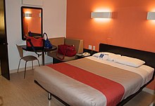 A photo of the interior of a Motel 6 room located in Santa Barbara, California.