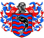 A coat of arms showing a black fish on field of rippling red and blue