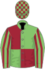 Light green and maroon (quartered), striped sleeves, check cap