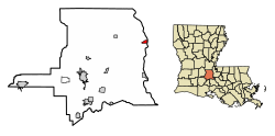 Location of Melville in St. Landry Parish, Louisiana.