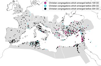 A map of Europe and North Africa where the maximum extent of the Roman Empire is shaded grey, differently colored dots mark places where Christian congregations were based