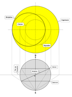 Projecció sobre l'aranya. El cercle exterior representa el tròpic de Capricorn i el centre el pol nord.