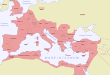 Carte de l'Empire romain en l'an 120, montrant son découpage en provinces, avec le nom de celles-ci.