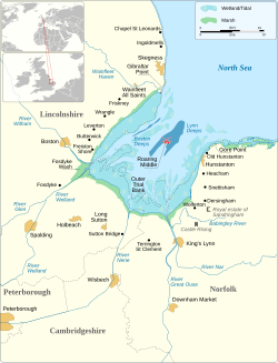 The Wash, showing the position of the towns and major villages that are of significance and the neighbouring areas.