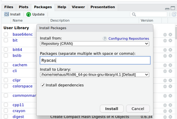 Installation RYACAS in RStudio - install-Tab