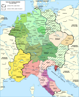 The Holy Roman Empire c. 1000, with the duchies comprising the notional 'Kingdom of the Germans' in green