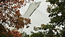 A distant inclined tower, surrounded by tree leaves in the foreground