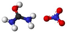 Ball-and-stick models of the ions in urea nitrate