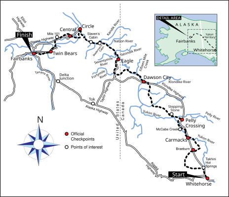 A map showing landmarks along the Yukon Quest race route, starting in Whitehorse, Yukon Territory, and traveling northwest to Fairbanks, Alaska. Rivers, highways, and points of interest are included.