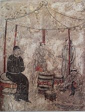 Orang Khitan memasak. Fresco di makam Dinasti Liao (907-1125) di Aohan.