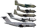 Comparaison de taille, de haut en bas : Transall, C-130J, C-130J-30, A400M et C-17.