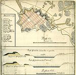 Plan och profiler över befästningarna i fästningsstaden Göteborg 1646, utförda enligt den äldre nederländska skolan.