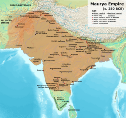 Maximum extent of the Maurya Empire, as shown by the location of Ashoka's inscriptions, and visualized by historians: Vincent Arthur Smith;[7] R. C. Majumdar;[8] and historical geographer Joseph E. Schwartzberg.[9]