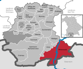 Poziția Mittenwald pe harta districtului Garmisch-Partenkirchen