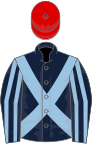 Dark blue, light blue cross-belts, striped sleeves, red cap