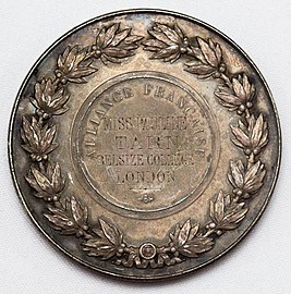 Reverse; inscription: ALLIANCE FRANCAISE MISS PAULINE TARN BELSIZE COLLEGE LONDON