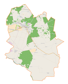 Mapa konturowa gminy Pajęczno, blisko centrum na lewo u góry znajduje się punkt z opisem „Pajęczno”