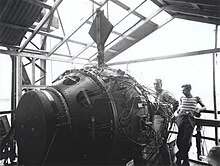 Photo of McDaniel and Norris Bradbury with the Trinity test atomic bomb