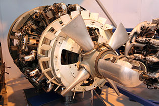 A Bristol Hercules bare engine cutaway display. The engine was 50 inches (1.3 m) in diameter.