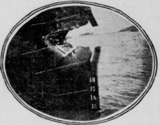 The damage sustained on Columbia's bow from the collision with the Berkeley.