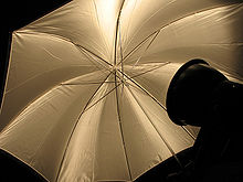 parapluie blanc satiné sur l'intérieur duquel se reflète la lumière d'un petit projecteur