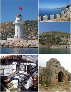 Saat yönünde: ·Alanya Kalesinden deniz görünümü·Alanya panoroması·Alanya Kalesi·Alanya evi·Alanya deniz feneri·