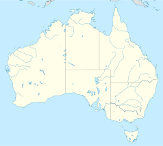 Mapa konturowa Australii, blisko dolnej krawiędzi po prawej znajduje się punkt z opisem „City of Hobart”