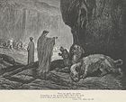 Virgile nourrissant Cerbère dans le troisième Cercle de l'Enfer. Illustration de L'Enfer de Dante par Gustave Doré (XIXe siècle).