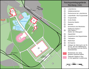 Le stade devait occuper la place 7 sur ce plan du Reichsparteitagsgelände.