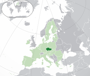 Amplasarea Cehiei (verde închis) – pe continentul european (verde deschis și gri închis) – în cadrul Uniunii Europene (verde deschis)