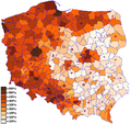 Poparcie dla PO w wyborach w 2007 w poszczególnych powiatach