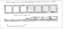 Dessin ancien en plan et en coupe d'un édifice composé de sept pièces