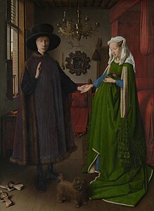 În Portretul Arnolfini de Jan van Eyck (1434), țesătura de un verde bogat a rochiei arată bogăția și statutul familiei.