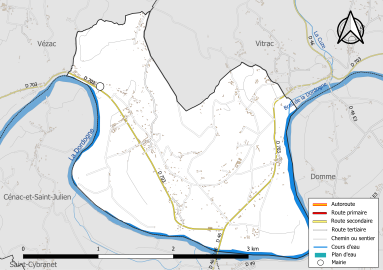 Carte en couleur présentant le réseau hydrographique de la commune