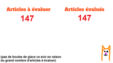 Tableau blanc de la séance, avec le nombre d'articles à évaluer (à gauche), et les articles évalués (à droite). Un chat ou chaton roux en bas à droite.