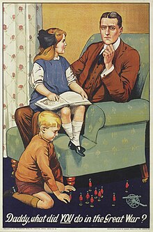 A man sits in an armchair, a girl on his knee. The caption reads: 'Daddy, what did YOU do in the Great War?'