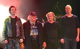 The 2011–2016 line-up of Focus in 2014 Left to right: Menno Gootjes, Thijs van Leer, Pierre van der Linden, Bobby Jacobs