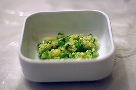 Geung yung, a condiment made of minced ginger, scallions, and garlic