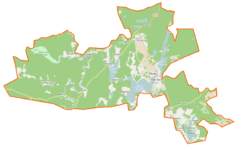 Mapa konturowa gminy Osiek, u góry nieco na lewo znajduje się punkt z opisem „Gęby”