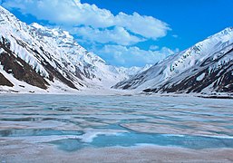 The lake freezes over in winter