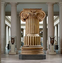 Ancient Greek egg-and-dart on the abacus and with palmettes on them between the volutes of an Ionic column from the Temple of Artemis in Sardis, Turkey, c.300 BC, marble, Metropolitan Museum of Art