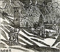 Ілля. «Грім і град», гравюра до «Ілюстрованої Біблії» (1645–1649), дереворит