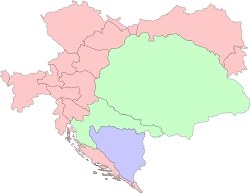 Цислајтанија (розево) во Австроунгарија, останатите делови се Транслајтанија (зелено) и Босна и Херцеговина (сина)