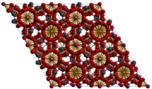 View down the c-axis of taranakite (four unit cells visible). Aluminum is shown in grey, phosphorous purple, oxygen red, and potassium green. Structural parameters taken from http://rruff.geo.arizona.edu/AMS/minerals/Taranakite (based on S. Dick, U. Goßner, A. Weiß, C. Robl, G. Großmann, G. Ohms, T. Zeiske (1998). "Taranakite — the mineral with the longest crystallographic axis". Inorg. Chim. Acta 269 (1): 47–57) doi:10.1016/S0020-1693(97)05781-2